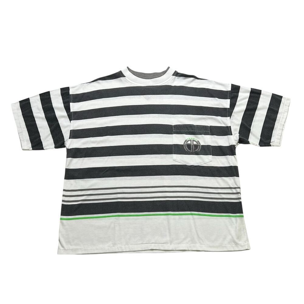 Vintage Permit Stripe T-Shirt Black White Green Accent Pocket Tee Sz Large surf